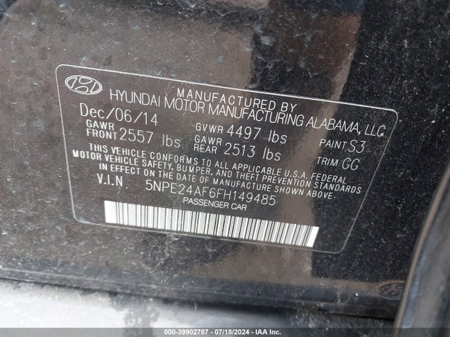 5NPE24AF6FH149485 Hyundai SONATA SE