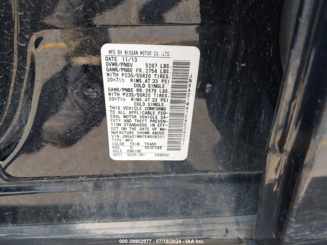 Nissan Murano Le 2014 JN8AZ1MW7EW508201 Image 9
