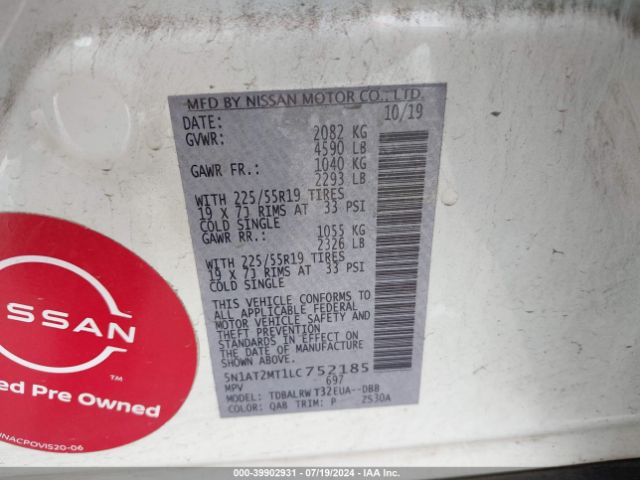 5N1AT2MT1LC752185 Nissan Rogue Sl Fwd