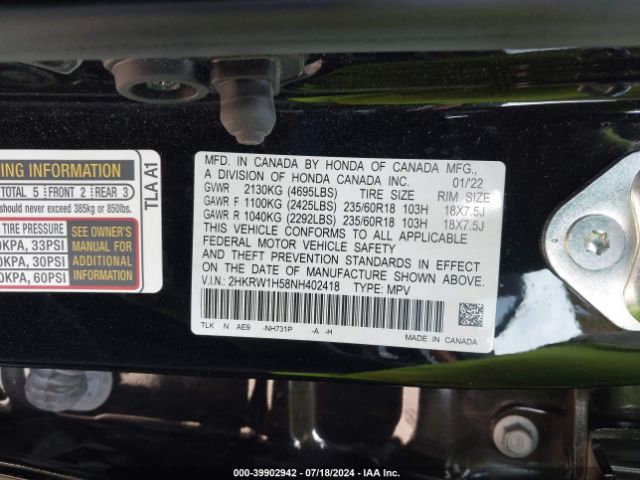 2HKRW1H58NH402418 Honda Cr-v 2wd Ex