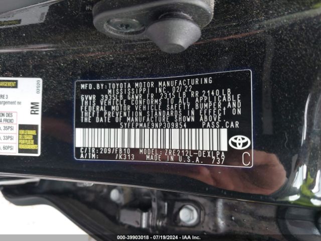 2022 TOYOTA COROLLA 5YFEPMAE9NP309854 Photo 8