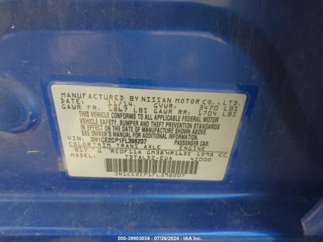 3N1CE2CP1FL398207 Nissan Versa Note Sv