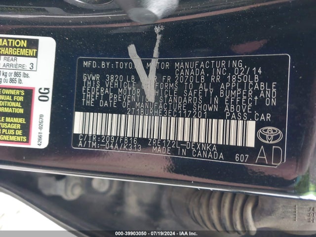 Toyota COROLLA LE 2014 2T1BURHE3EC117201 Image 9