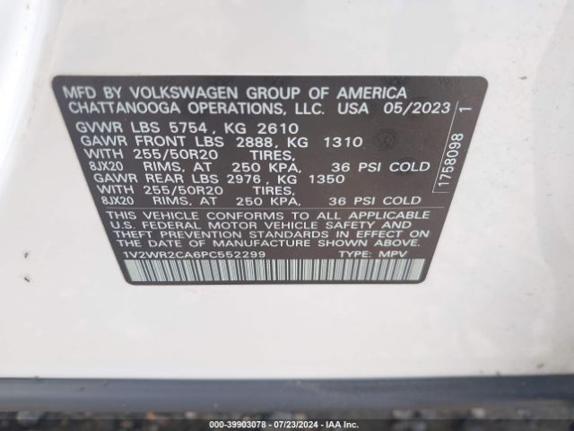 1V2WR2CA6PC552299 Volkswagen Atlas 3.6l V6 Se W/technology