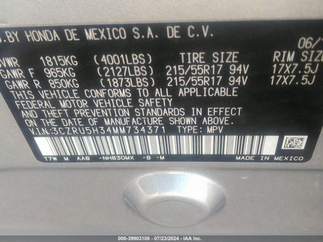 3CZRU5H34MM734371 Honda Hr-v 2wd Lx