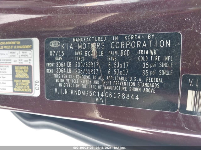 KIA SEDONA LX 2016 KNDMB5C14G6128844 Image 9