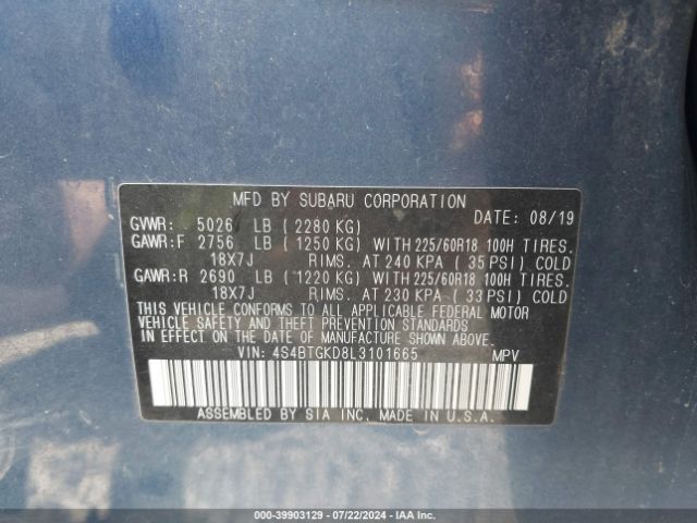 4S4BTGKD8L3101665 Subaru Outback Onyx Edition Xt