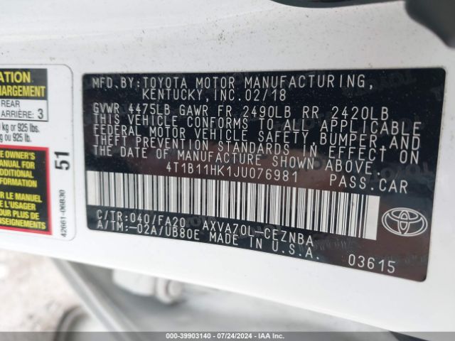 4T1B11HK1JU076981 Toyota CAMRY LE