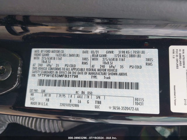 Ford F-150 Lariat 2021 1FTFW1E53MFB31798 Image 9
