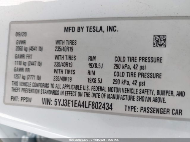 5YJ3E1EA4LF802434 Tesla MODEL 3