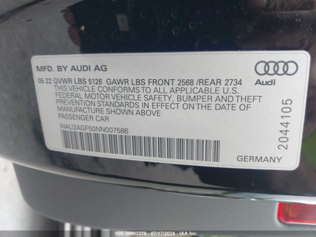 WAU2AGF50NN007586 Audi A5 Cabriolet Premium 45 Tfsi Quattro S Tronic