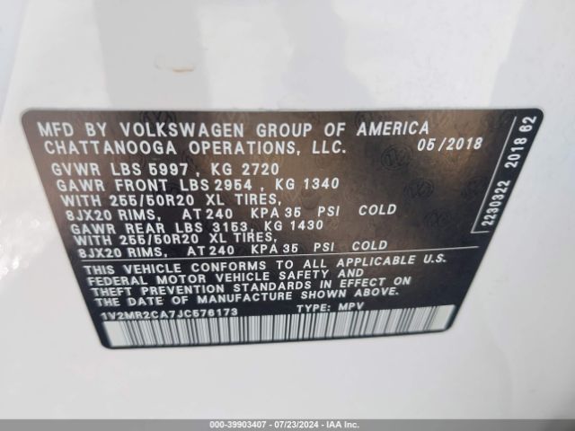 1V2MR2CA7JC576173 Volkswagen Atlas 3.6l V6 Sel