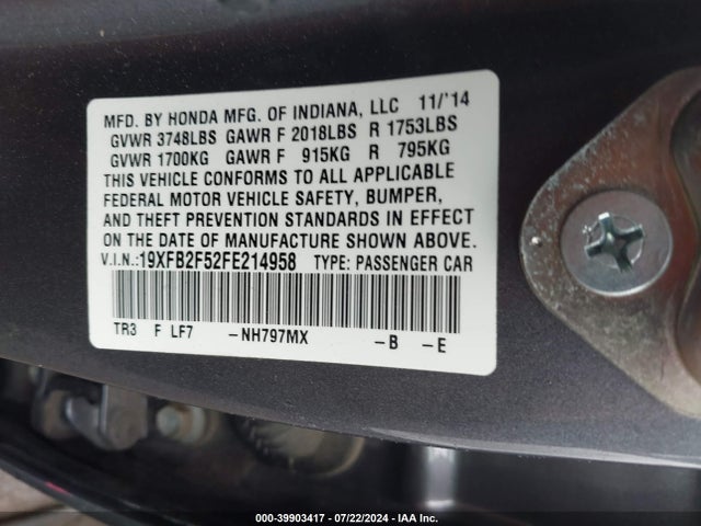Honda Civic Lx 2015 19XFB2F52FE214958 Image 9
