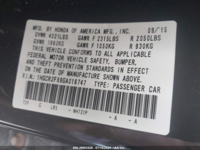 1HGCR2F89GA016747 Honda Accord Ex-l