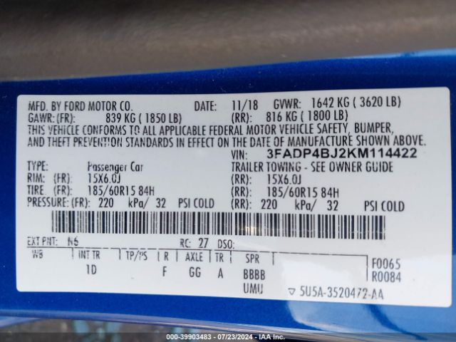 3FADP4BJ2KM114422 Ford FIESTA SE
