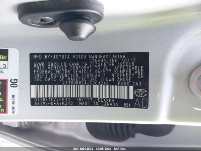 2T1BURHE4JC001242 Toyota COROLLA LE