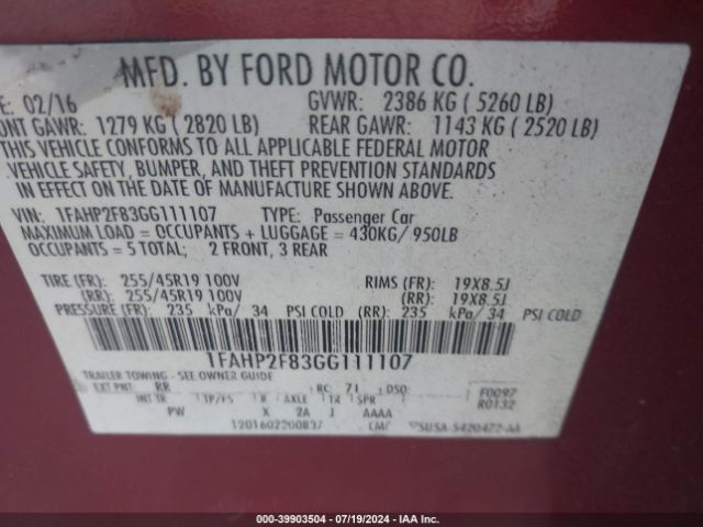 1FAHP2F83GG111107 Ford Taurus Limited