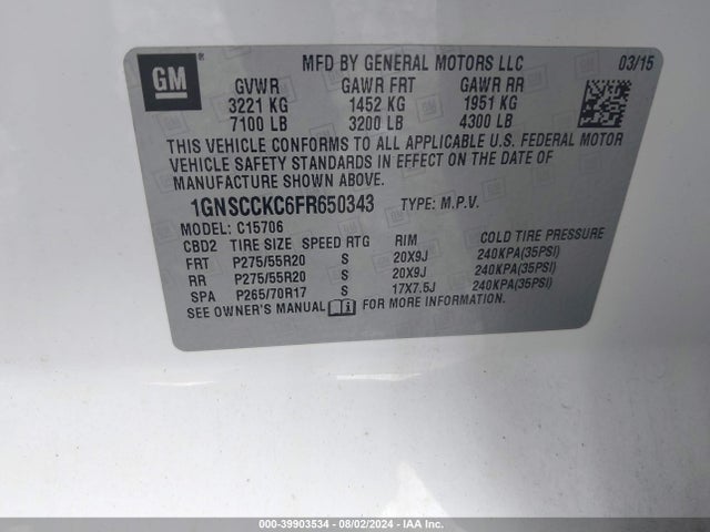 Chevrolet Tahoe Ltz 2015 1GNSCCKC6FR650343 Image 9
