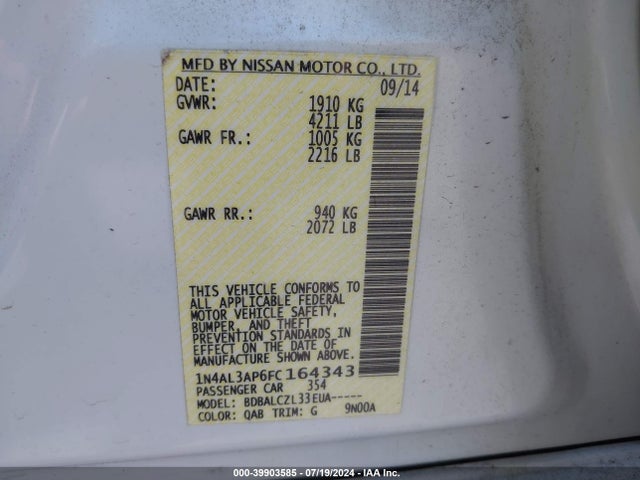 Nissan Altima 2.5 S 2015 1N4AL3AP6FC164343 Image 9