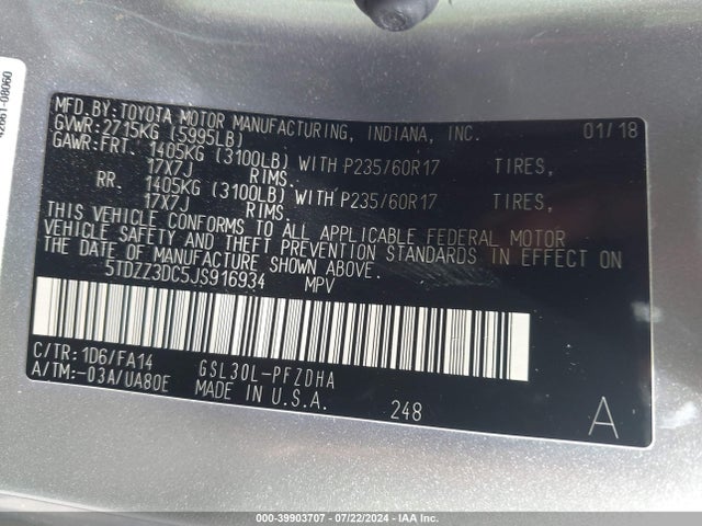Toyota Sienna L 7 Passenger 2018 5TDZZ3DC5JS916934 Image 9