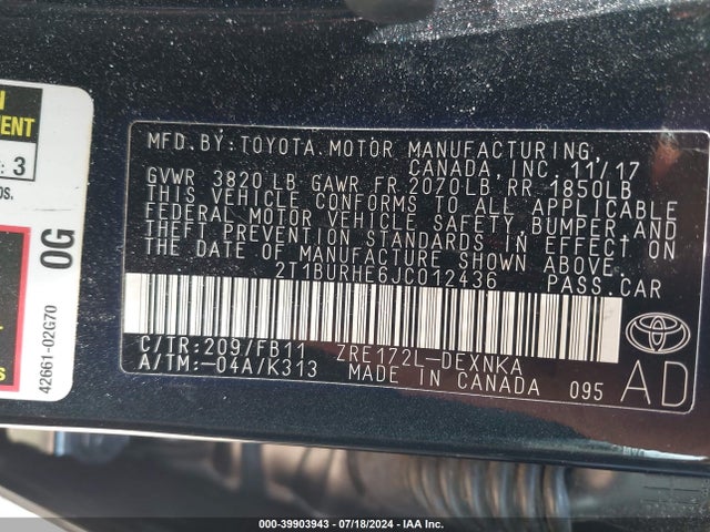 Toyota COROLLA LE 2018 2T1BURHE6JC012436 Image 9