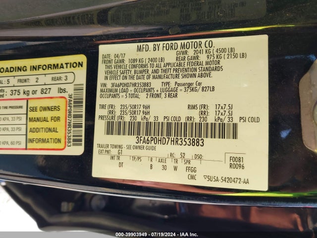 Ford FUSION SE 2017 3FA6P0HD7HR353883 Image 9