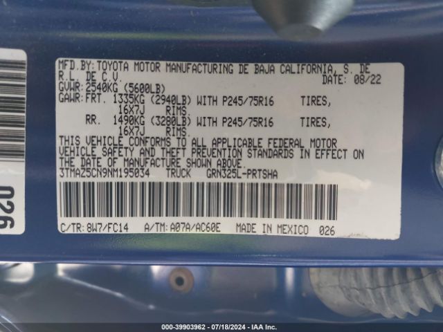 3TMAZ5CN9NM195034 Toyota Tacoma Sr5 V6