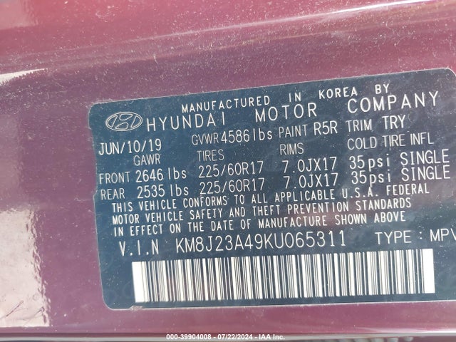 Hyundai TUCSON SE 2019 KM8J23A49KU065311 Image 9