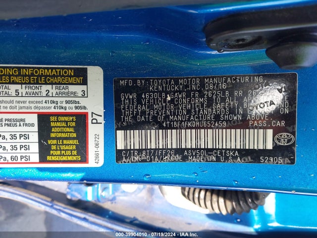 Toyota CAMRY SE 2017 4T1BF1FK0HU652459 Image 9