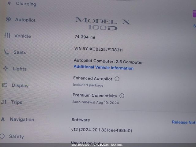 5YJXCBE25JF138311 Tesla Model X 100d/75d/p100d