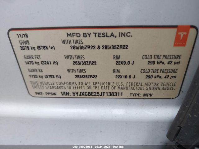 5YJXCBE25JF138311 Tesla Model X 100d/75d/p100d