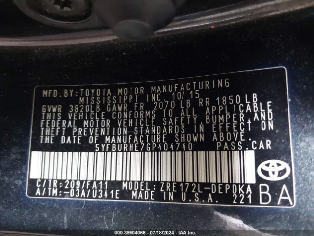 5YFBURHE7GP404740 Toyota COROLLA L