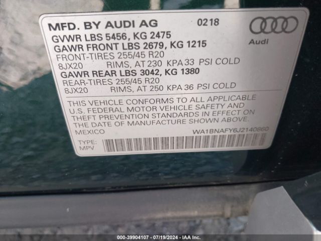 WA1BNAFY6J2140860 Audi Q5 2.0t Premium/2.0t Tech Premium