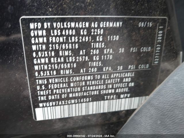 WVGBV7AX2GW514501 Volkswagen TIGUAN S