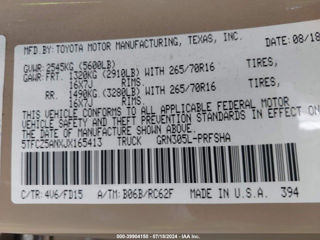 5TFCZ5ANXJX165413 Toyota Tacoma Dbl Cab/sr/trdspt/or/pro