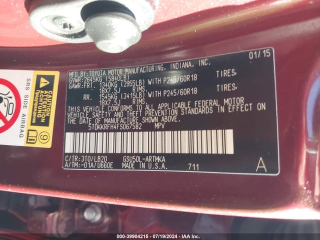 Toyota Highlander Xle V6 2015 5TDKKRFH4FS067582 Image 9