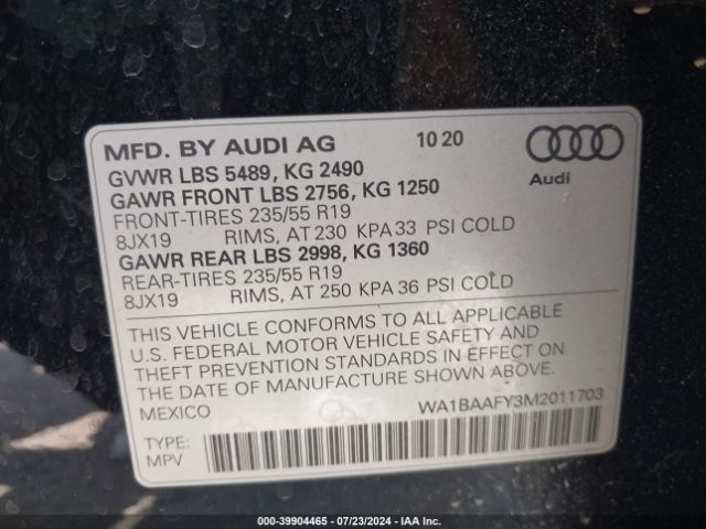 WA1BAAFY3M2011703 Audi Q5 Premium Plus 45 Tfsi Quattro S Tronic