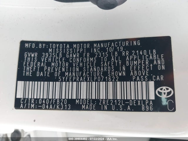 Toyota COROLLA LE 2020 5YFEPRAEXLP071622 Image 9