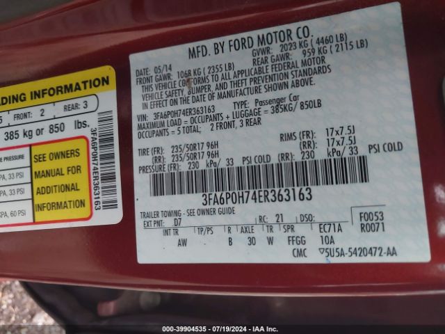 3FA6P0H74ER363163 Ford FUSION SE