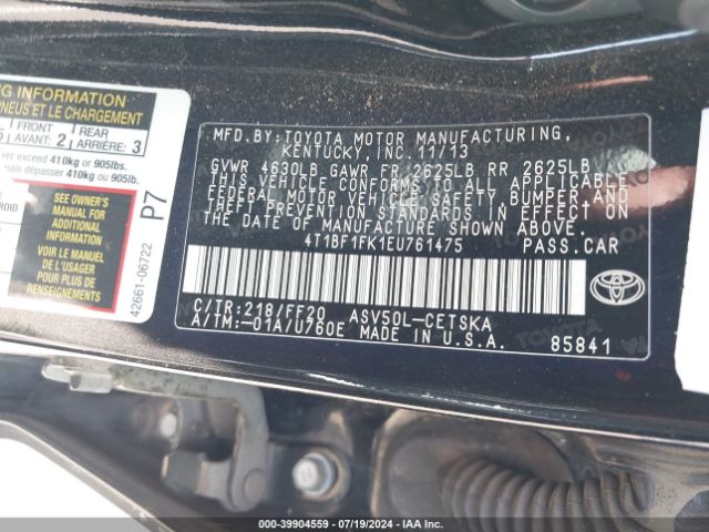 4T1BF1FK1EU761475 Toyota CAMRY SE