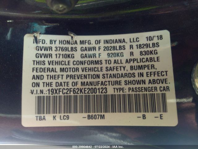 19XFC2F62KE200123 Honda Civic Lx