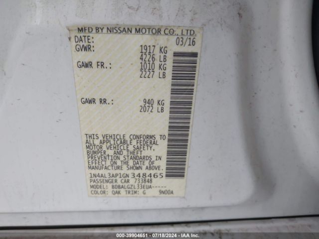 1N4AL3AP1GN348465 Nissan Altima 2.5/2.5 S/2.5 Sl/2.5 Sr/2.5 Sv