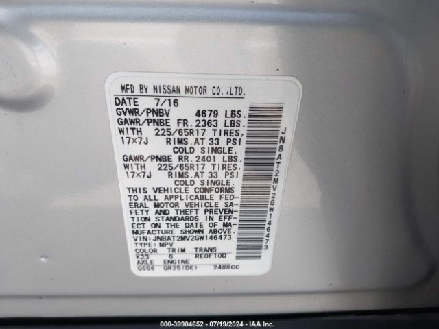 JN8AT2MV2GW146473 Nissan ROGUE S