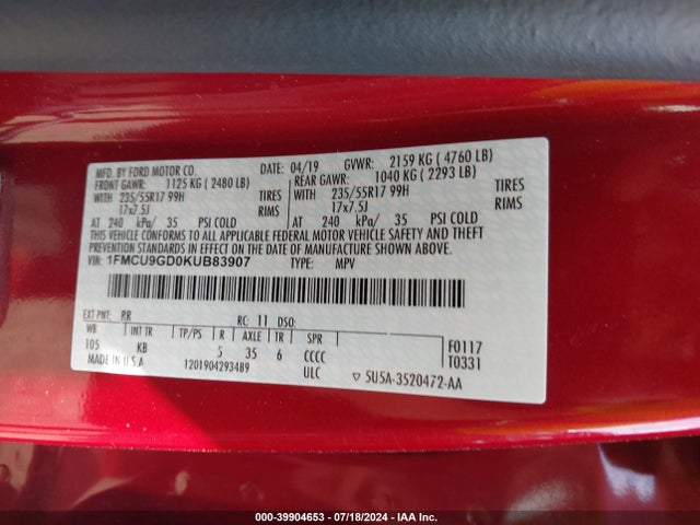 Ford ESCAPE SE 2019 1FMCU9GD0KUB83907 Image 9
