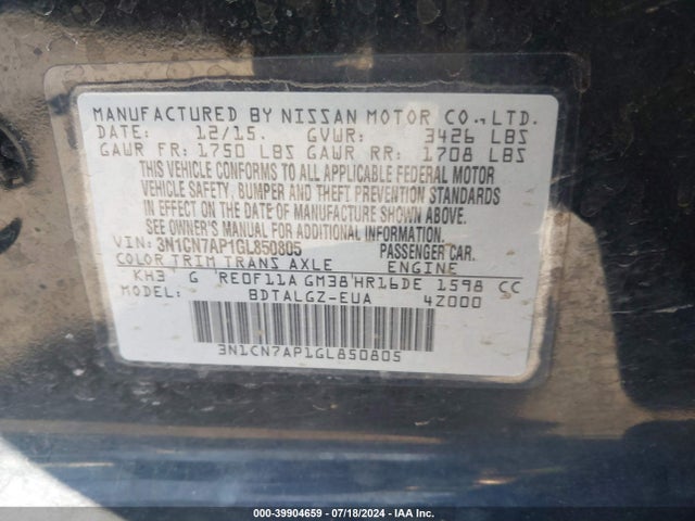 Nissan Versa 1.6 Sl 2016 3N1CN7AP1GL850805 Image 9