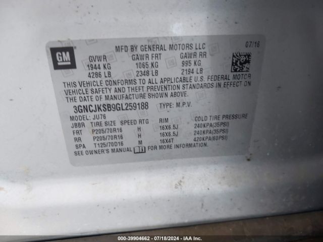 3GNCJKSB9GL259188 Chevrolet Trax 1ls