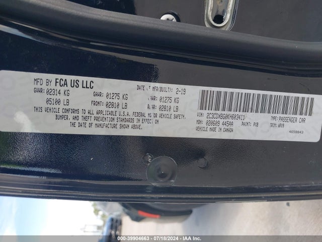 2C3CDXBG0KH603411 Dodge Charger Sxt Rwd