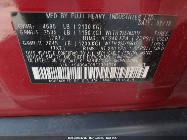4S4BSACC5F3301316 Subaru Outback 2.5i Premium