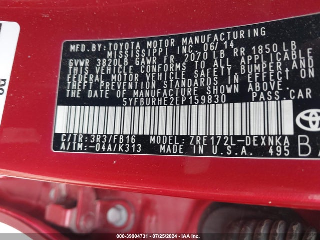 Toyota COROLLA LE 2014 5YFBURHE2EP159830 Image 9