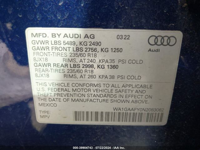 WA1GAAFY0N2083062 Audi Q5 Premium 45 Tfsi S Line Quattro S Tronic